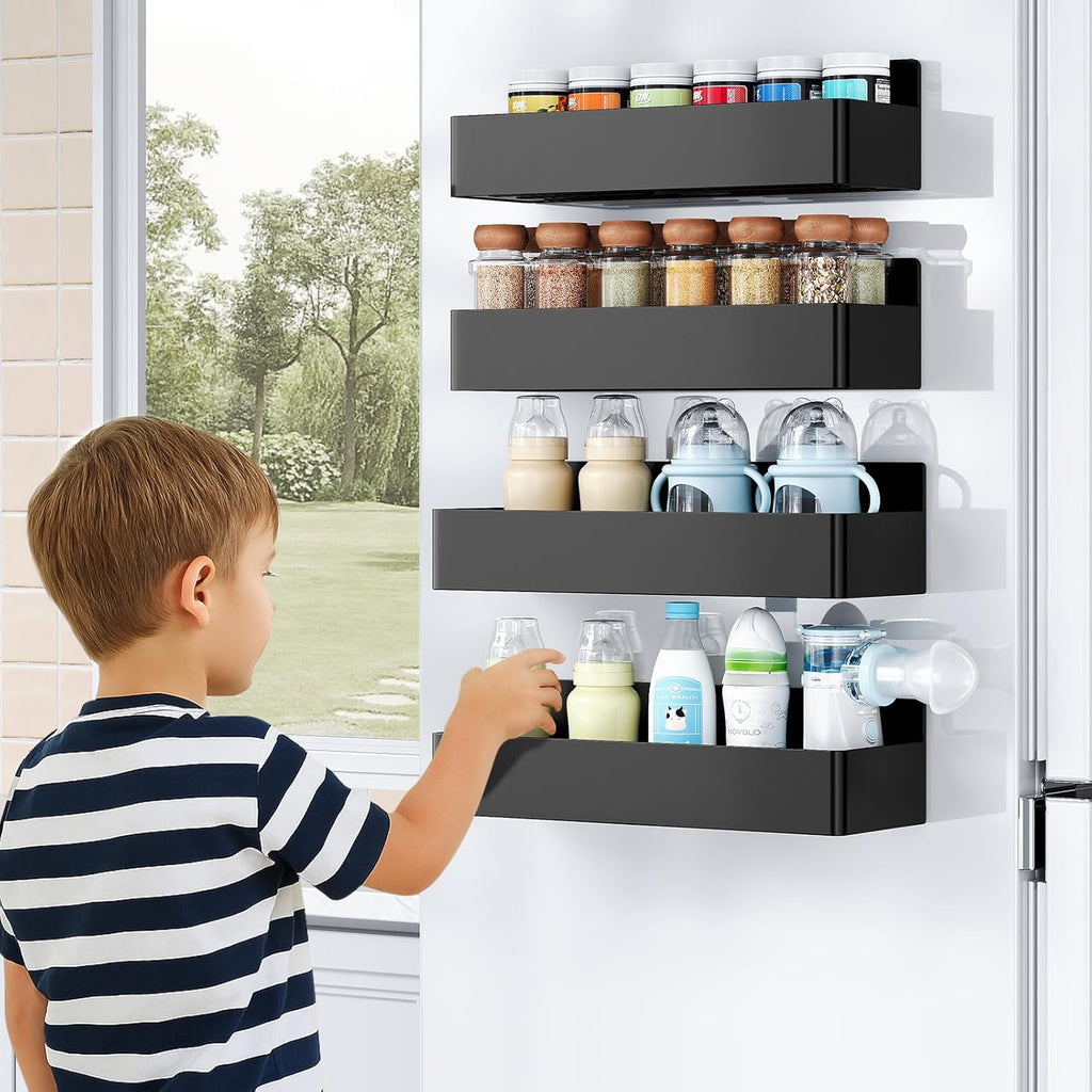 Magnetic Spice Rack for Refrigerator, Kitchen Organizer and Storage Shelf, Black (4 Pack)…