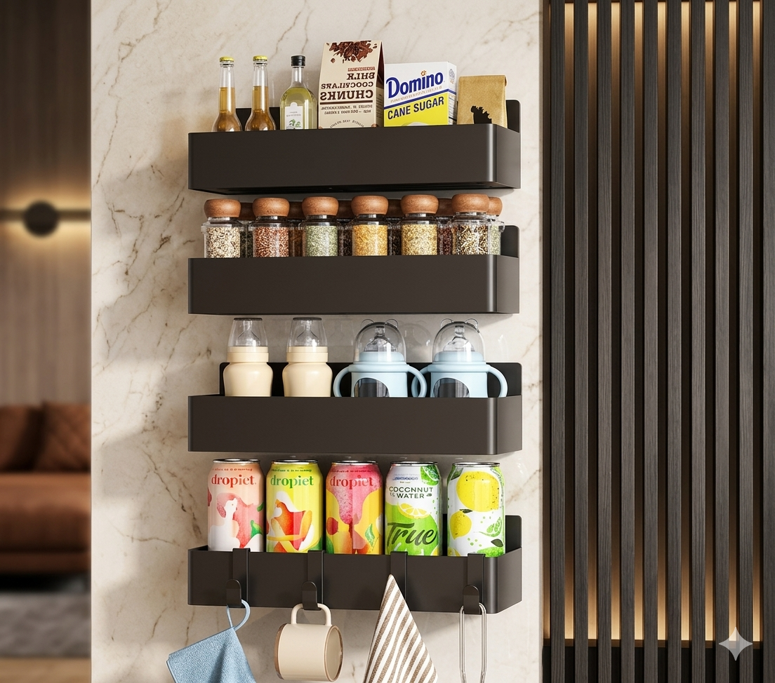 Magnetic Spice Rack for Refrigerator, Kitchen Organizer and Storage Shelf, Black (4 Pack)…