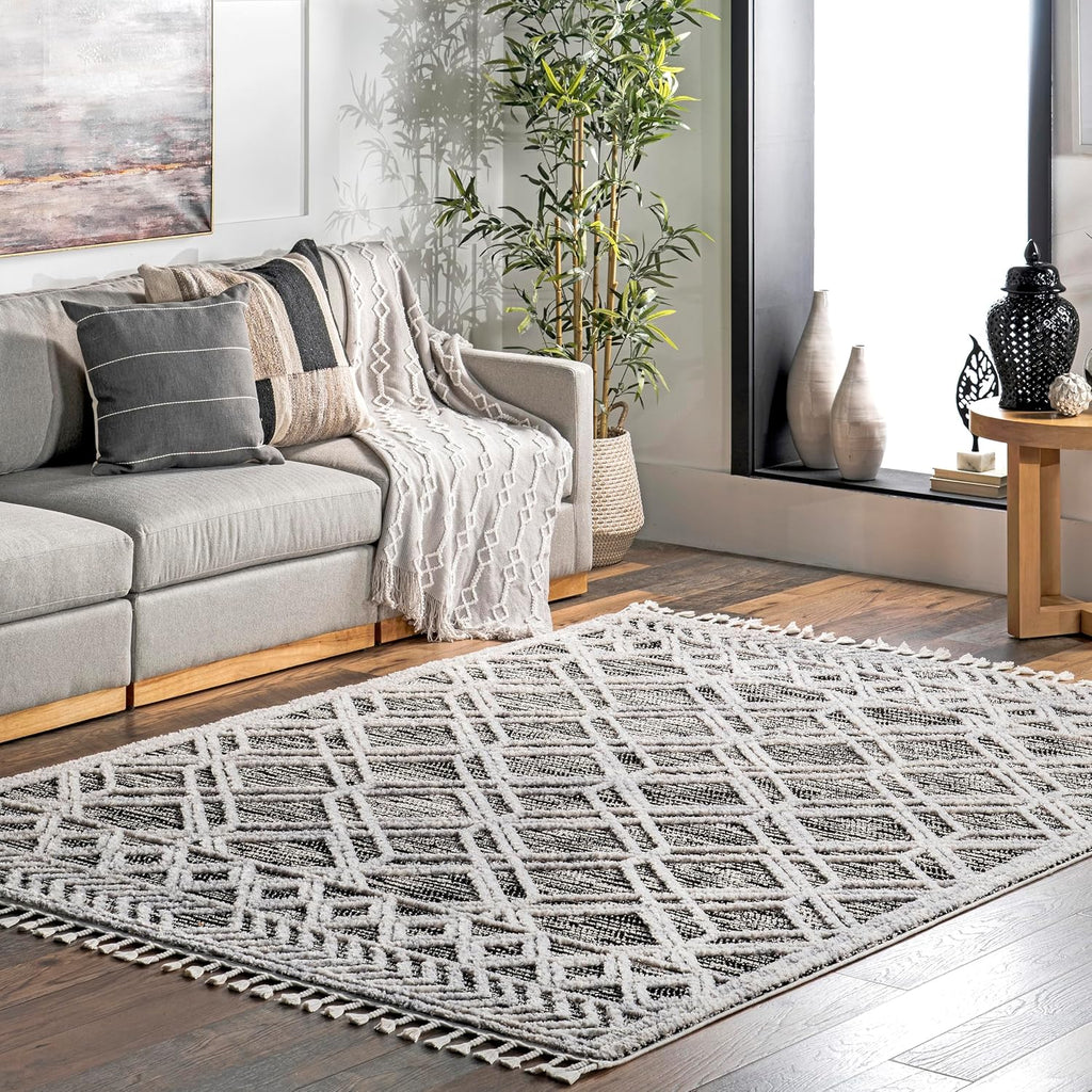9X12 Ansley Moroccan Tassel Area Rug, Grey, High-Low Textured Bohemian Design, Plush High Pile, Stain Resistant, for Bedroom, Living Room, Hallway, Entryway