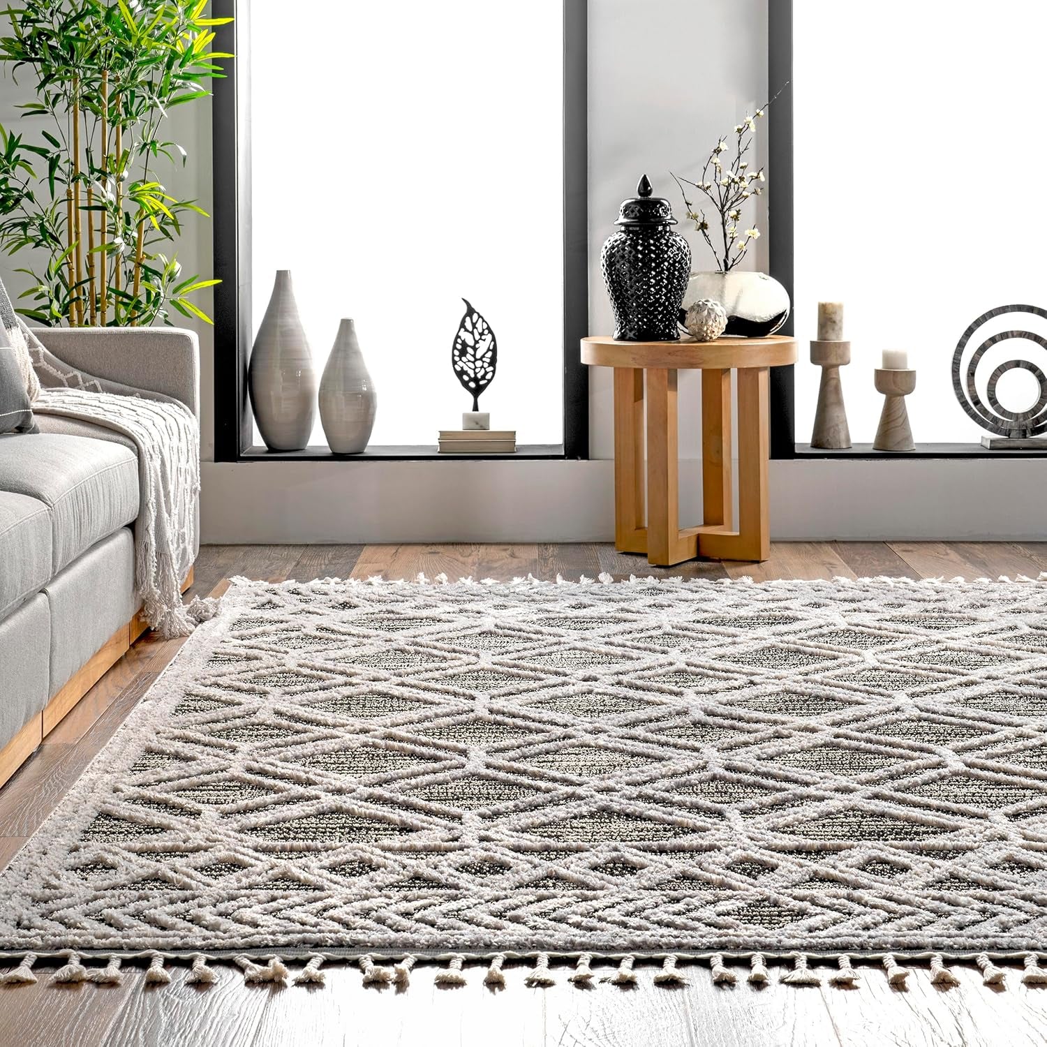 9X12 Ansley Moroccan Tassel Area Rug, Grey, High-Low Textured Bohemian Design, Plush High Pile, Stain Resistant, for Bedroom, Living Room, Hallway, Entryway