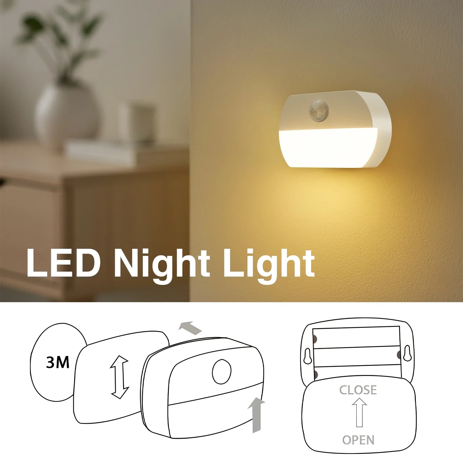 Motion Sensor Lights Indoor, No Wiring, 3 Pack