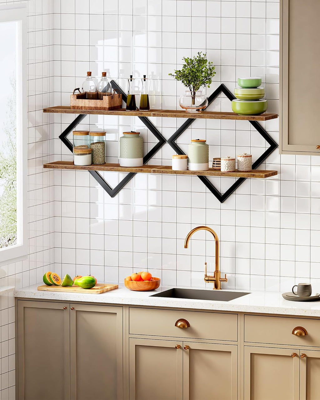 Floating Shelves, Set of 2 Wall Shelves, 2-Tier Hanging Shelves, Wall Shelf Set